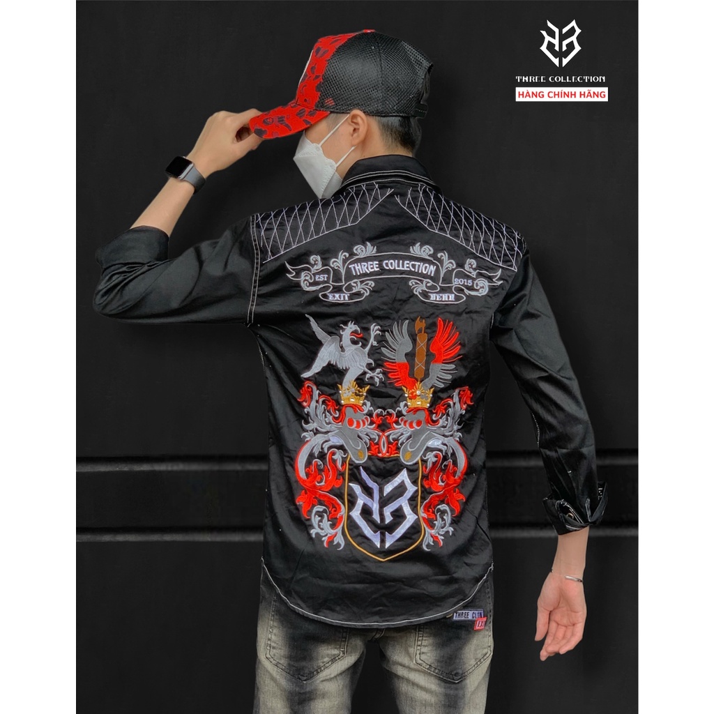 Áo sơ mi nam tay dài THREE COLLECTION đen đánh ziczac thêu full fire dragon warrior chất kaki cao cấp chính hãng s2670