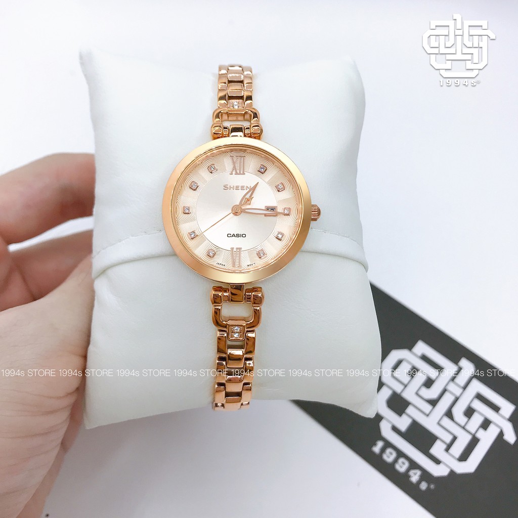 Đồng hồ nữ Casio Sheen SHE-4055 / SHE-4055PG-4A dây thép không gỉ, chống nước 50m, size 30mm, hàng chính hãng