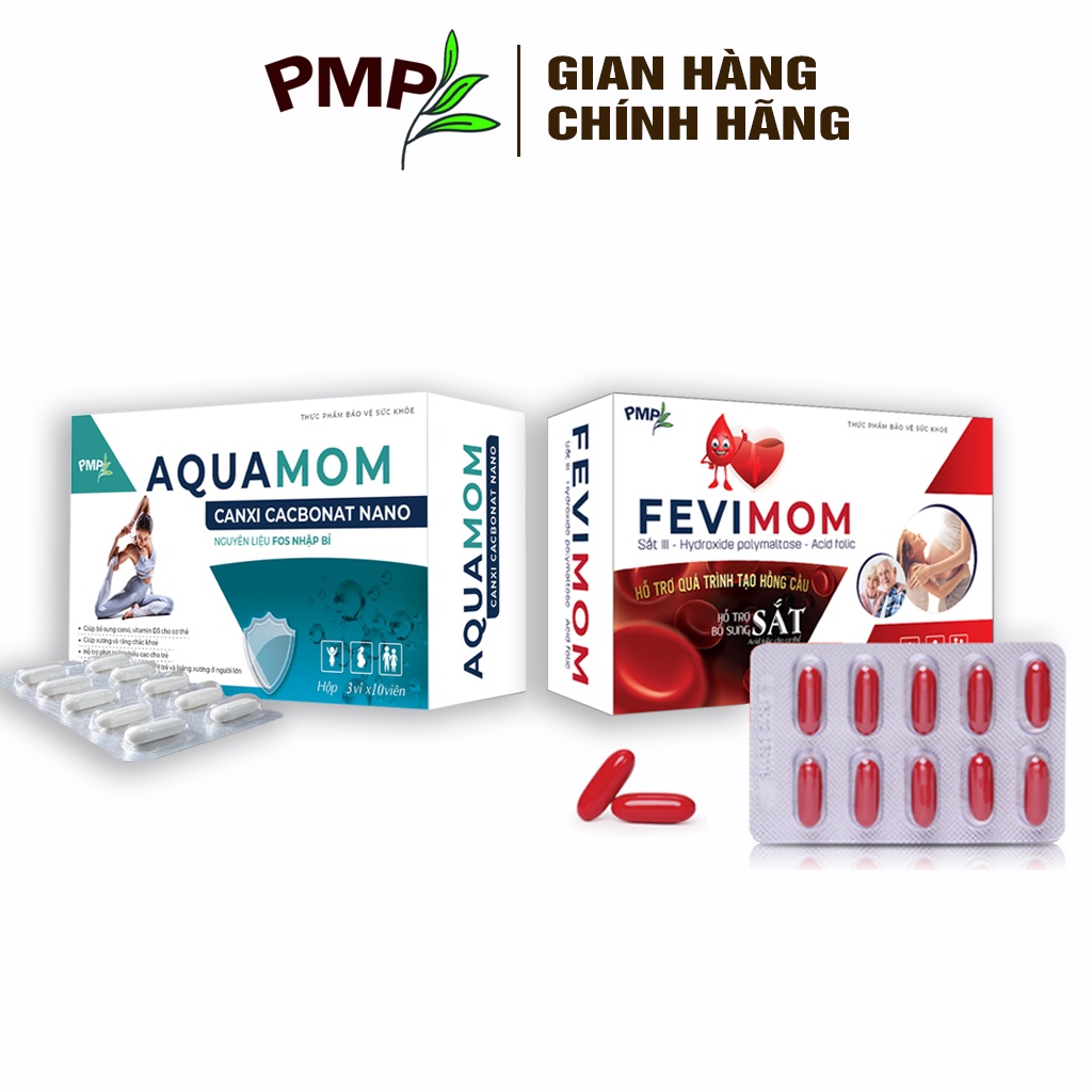 Combo Sắt Hữu Cơ Fevimom PMP Và Canxi Nano Aquamom PMP Cho Người Lớn, Phụ Nữ Mang Thai Và Cho Con Bú Không Gây Táo Bón