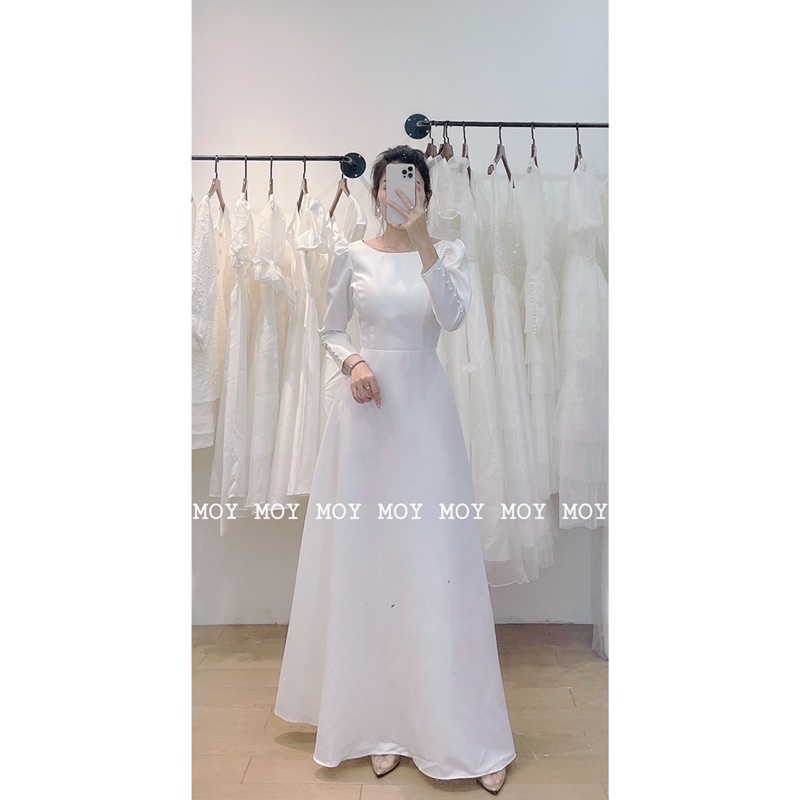 Váy dài phi cổ thuyền tay dài nút lưng V nút - Váy cưới nhẹ nhàng