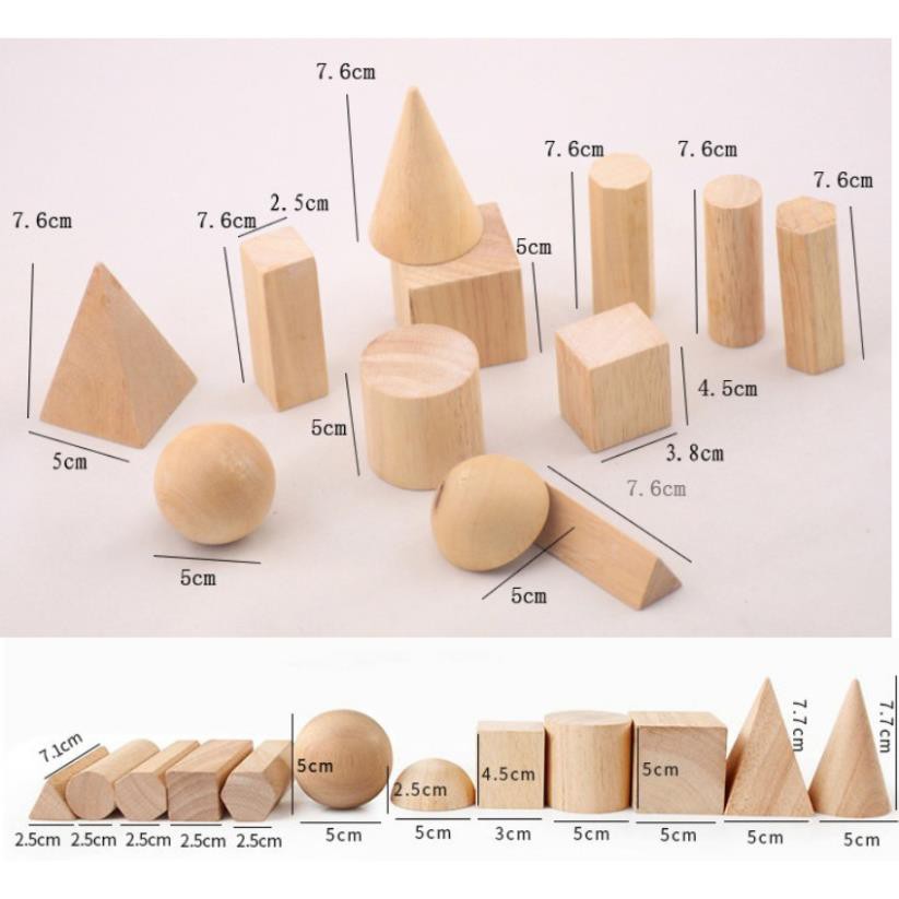 Giáo cụ Montessori - Bộ 12 khối hình học cơ bản loại to dẹp