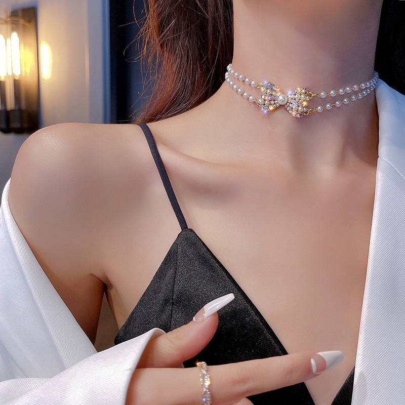 Vòng Cổ Choker Dây Xích Đính Nơ Và Ngọc Trai Sang Trọng Thời Trang Dành Cho Nữ 2022
