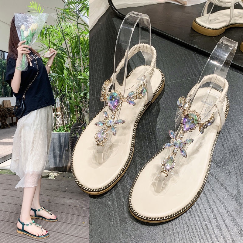 Giày Sandals Đế Bằng Đính Đá Trang Trí Lấp Lánh Thời Trang Cho Nữ
