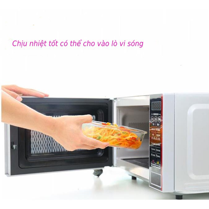 Hộp cơm văn phòng thủy tinh kèm túi giữ nhiệt đựng cơm trưa, bento, gioăng cao su chống tràn có thể dùng lò vi sóng