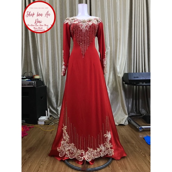 Áo dài đỏ thiết kế cổ phối von đính kết hoa ren xinh, hàng thiết kế cho quý bà dự tiệc, lên sui sang trọng
