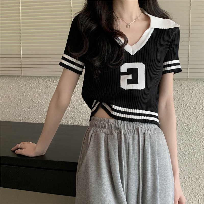 Áo kiểu ZHELIHANGFEI dệt kim tay ngắn cổ chữ V dáng rộng trẻ trung thời trang