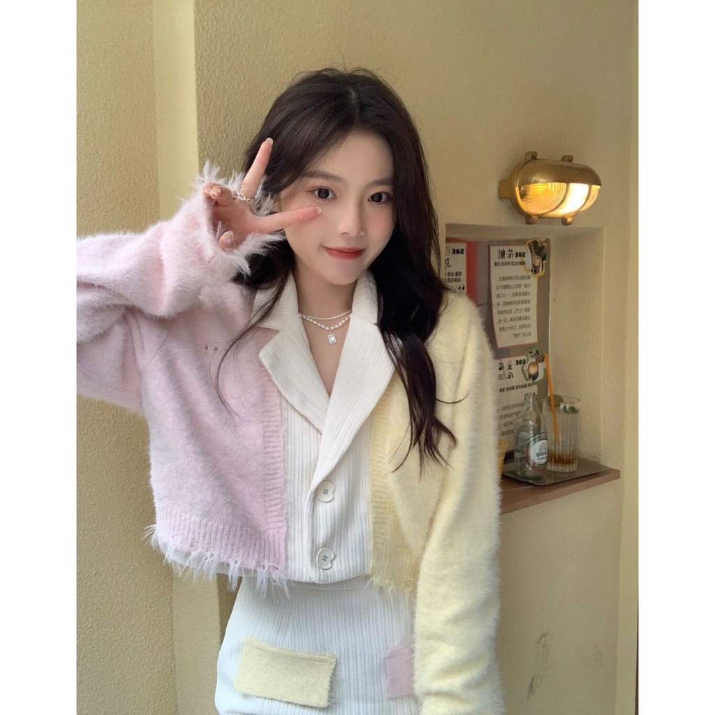 ✔Bộ Áo Sweater Giả Lông Chồn + Chân Váy Dệt Kim Màu Sắc Ngọt Ngào Phong Cách Phương Tây Cho Nữ