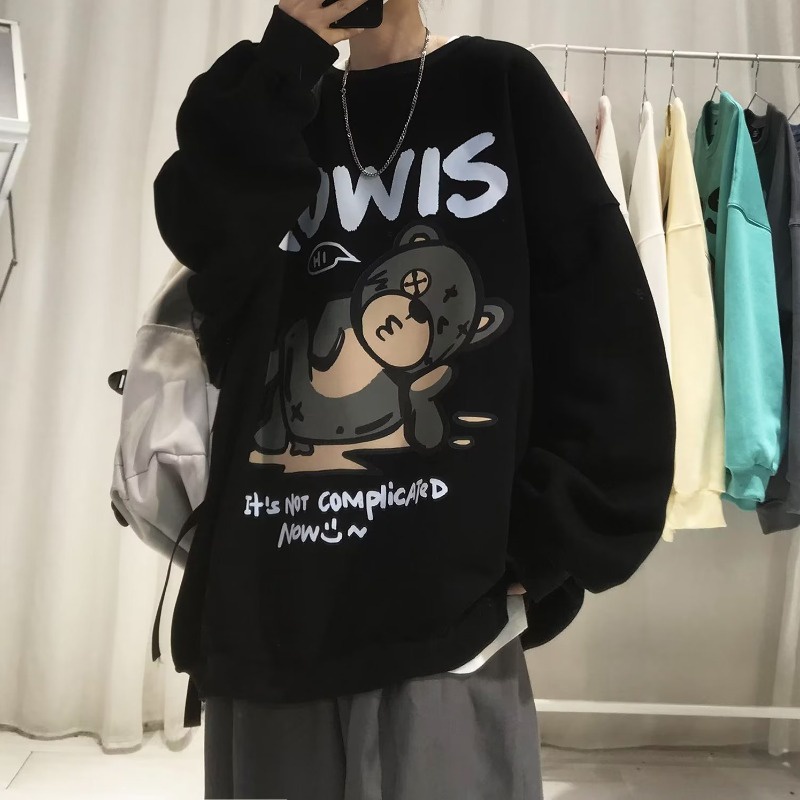 Áo Sweater Tay Dài Cổ Tròn Dáng Rộng In Hình Gấu Hoạt Hình Phong Cách Hip hop Thời Trang Cho Nam Giới Size M-5XL
