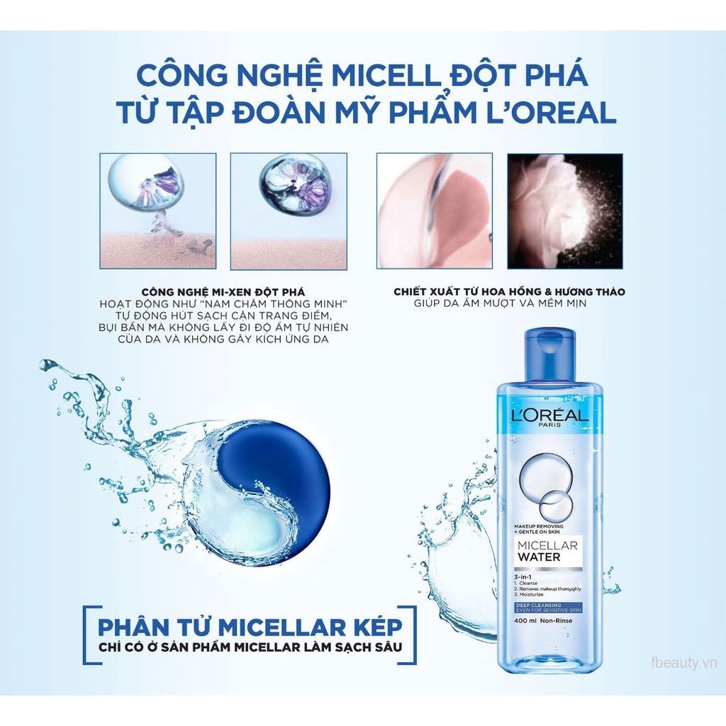 Nước tẩy trang L'oreal micellar water 3 in 1 refreshing cho da dầu, da nhạy cảm, chính hãng 400ml