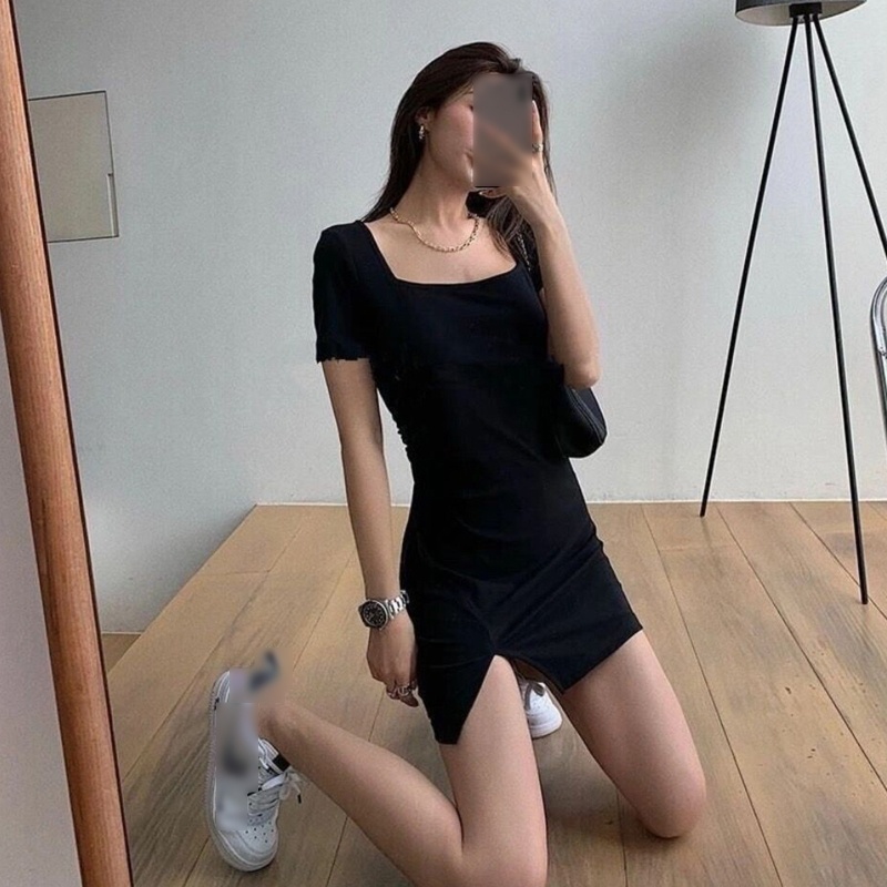 Đầm Ôm Dáng Tay Ngắn Cổ Vuông Màu Đen Thanh Lịch Cổ Điển Cho Nữ