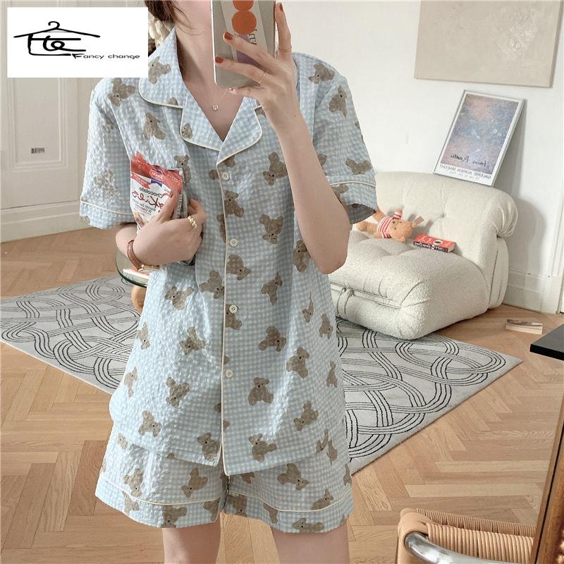 Bộ Đồ Ngủ Tay Ngắn Họa Tiết Sọc Caro In Hình Gấu Dễ Thương Phong Cách Nhật Bản Cho Nữ