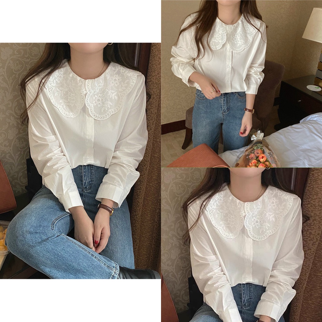 Áo sơ mi kiểu nữ Ulzzang, Áo sơ mi cổ bèo thêu hoa tiểu thư xinh xắn