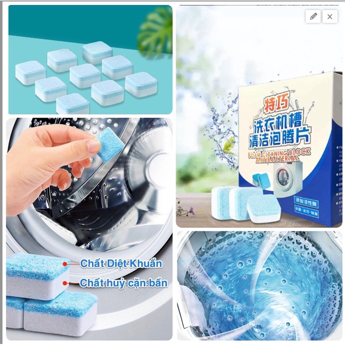 Hộp 12 Viên Tẩy Vệ Sinh Lồng Máy Giặt, viên sủi vệ sinh diệt khuẩn lồng máy giặt