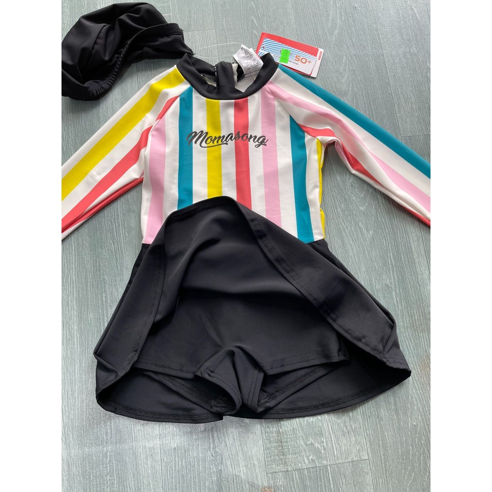 Bộ bơi bé gái dài tay trắng kẻ hồng xanh, liền chân váy, Momasong Korea