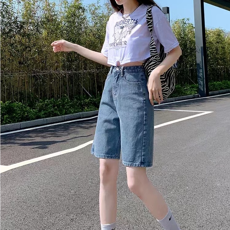 Quần Short Jeans Lưng Cao Ống Rộng Thời Trang Cho Nữ