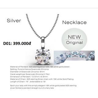 Dây chuyền bạc Ý mạ vàng trắng 24k mặt đá Srovaski cao cấp