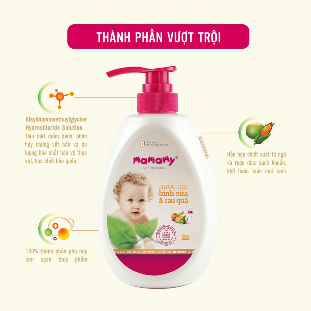 Nước rửa bình sữa và rau củ quả Mamamy 600ml (không mùi)