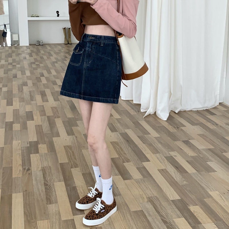 Chân váy jeans dáng chữ A lưng cao kiểu dáng thời trang mùa xuân phong cách retro dành cho nữ 2021