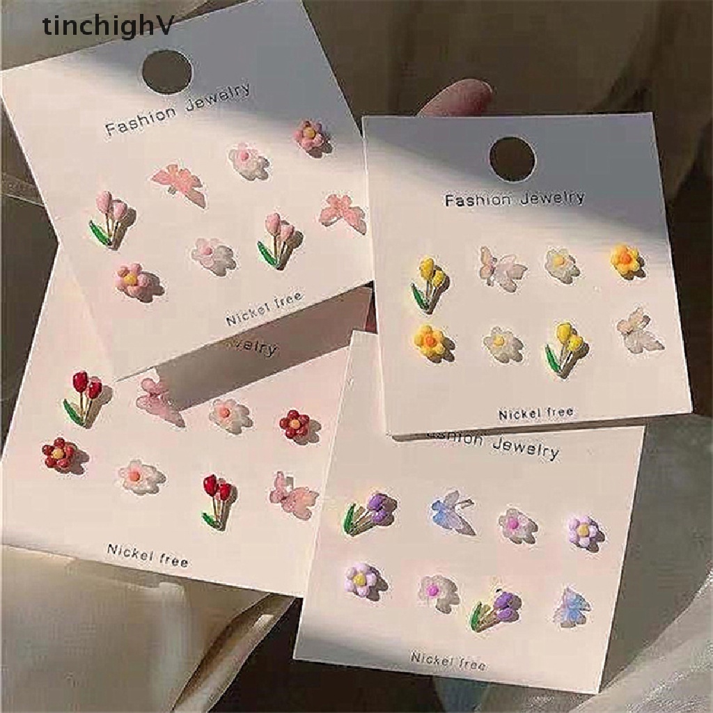 Set 8 Khuyên Tai Hình Học / Bông Hoa / Bươm Bướm Kiểu Dáng Dễ Thương Xinh Xắn Dành Cho Nữ