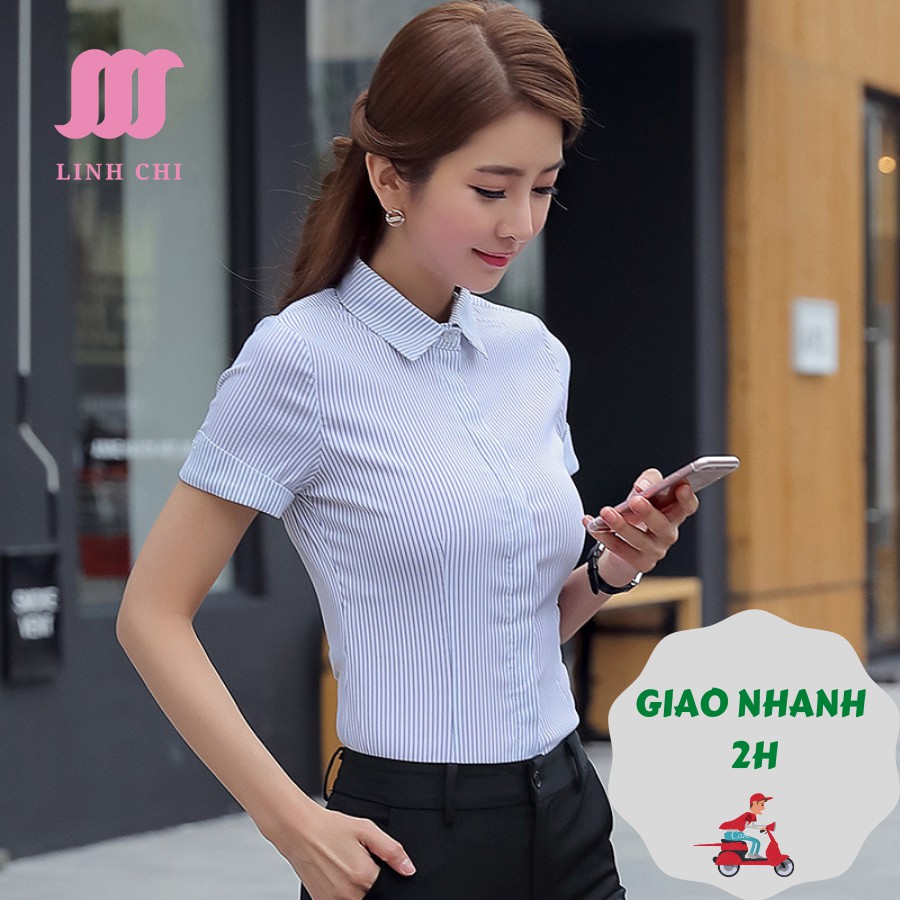 Áo sơ mi nữ kẻ sọc xanh tay ngắn cao cấp vải lụa ASKX204