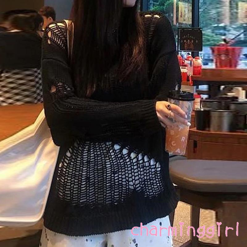 Áo Sweater Dệt Kim Tay Dài Cổ Tròn Màu Trơn Thiết Kế Độc Đáo Thời Trang Cho Nữ