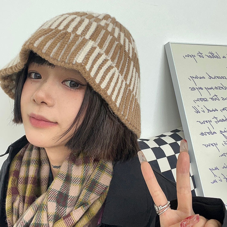 Mũ Bucket Len Dệt Kim Kẻ Sọc Phong Cách Thời Trang Thu Đông Hàn Quốc