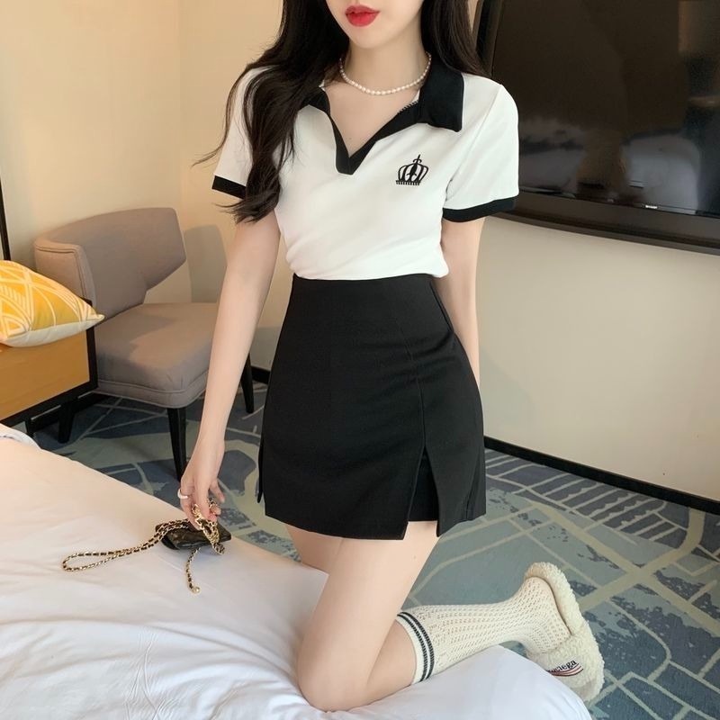 Bộ Áo Thun Cổ Chữ V + Quần Short Lưng Cao Xẻ Tà Thời Trang Mùa Hè Hàn Quốc 2022 Mới