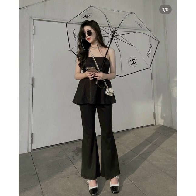 SET ÁO PEPLUM 2 DÂY ĐEN + QUẦN SUÔNG LOE NHẸ ĐEN