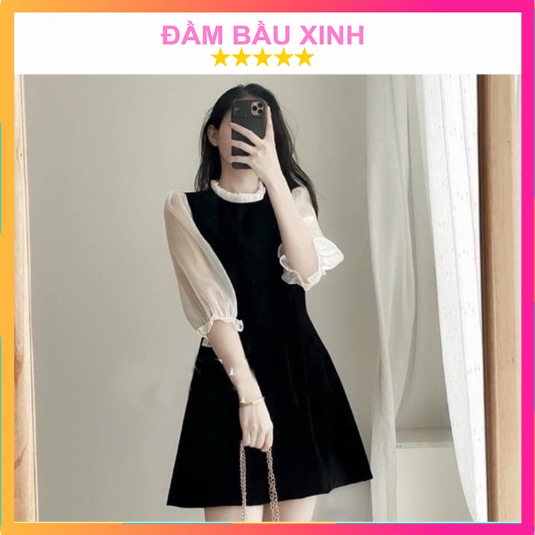 Đầm Dạo Phố Tay Lỡ Phối Voan Váy Dáng Dài Váy Basic Hàng VNXK