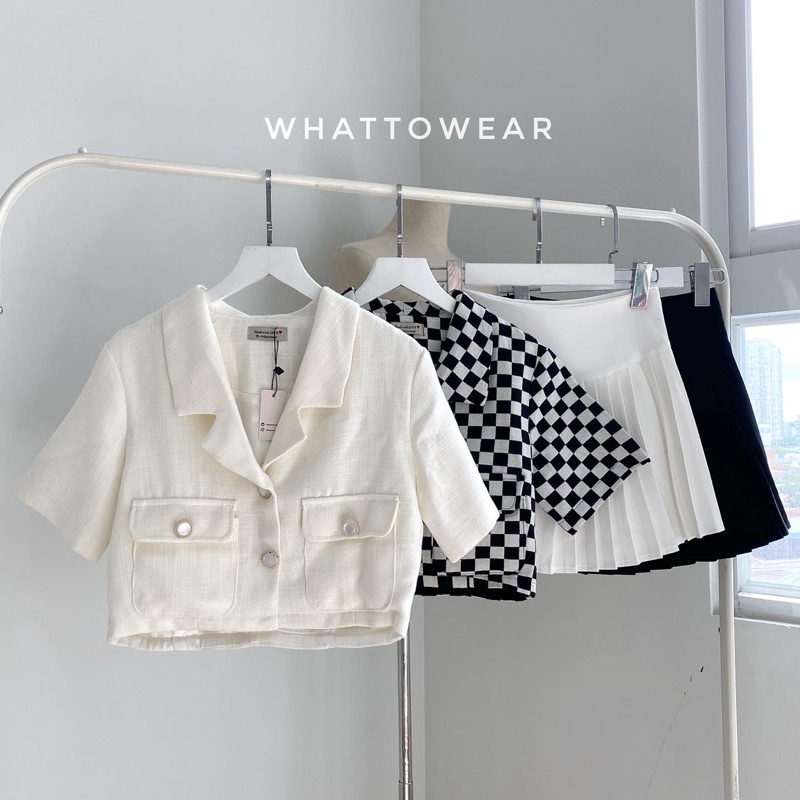 [SALE Xa Kho] Áo Blazer croptop tay ngăn cài nút vải tweed và bố 2 màu