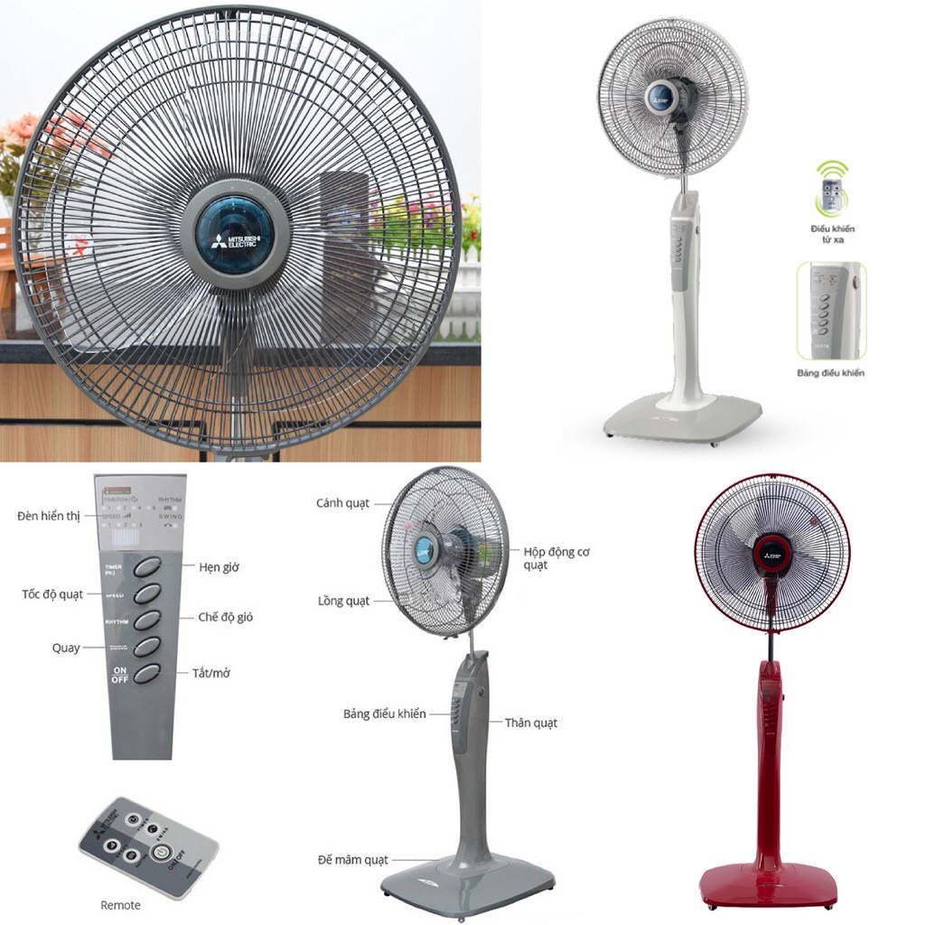Quạt đứng Mitsubishi LV16-RA CY-GY - Xám Đậm, 3 cánh 16 inch, Điều khiển từ xa, Hẹn giờ tắt