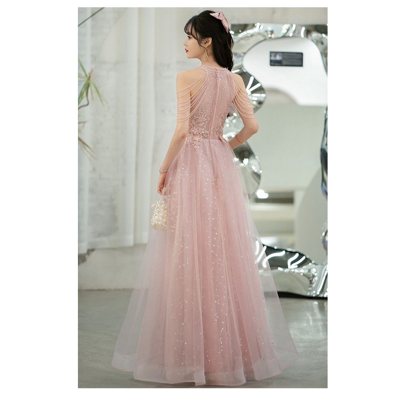 Đầm Dự Tiệc Cổ Yếm Màu Hồng Nhạt Cao Cấp Sang Trọng