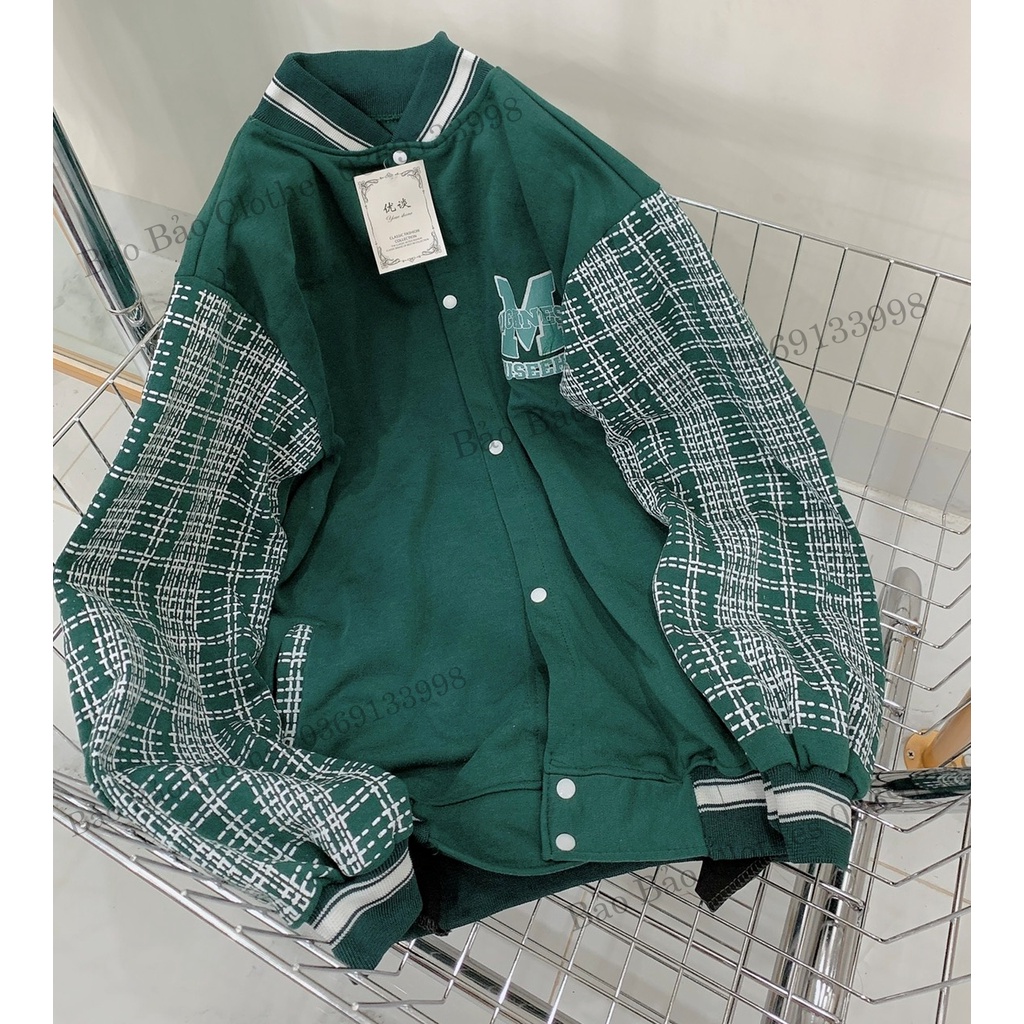 Khoác Bomber Nỉ Nam  Nữ Chữ M Tay Kẻ Bồng Bo Tay Dáng Rộng Unisex Uzzlang Thêu Phối Tay