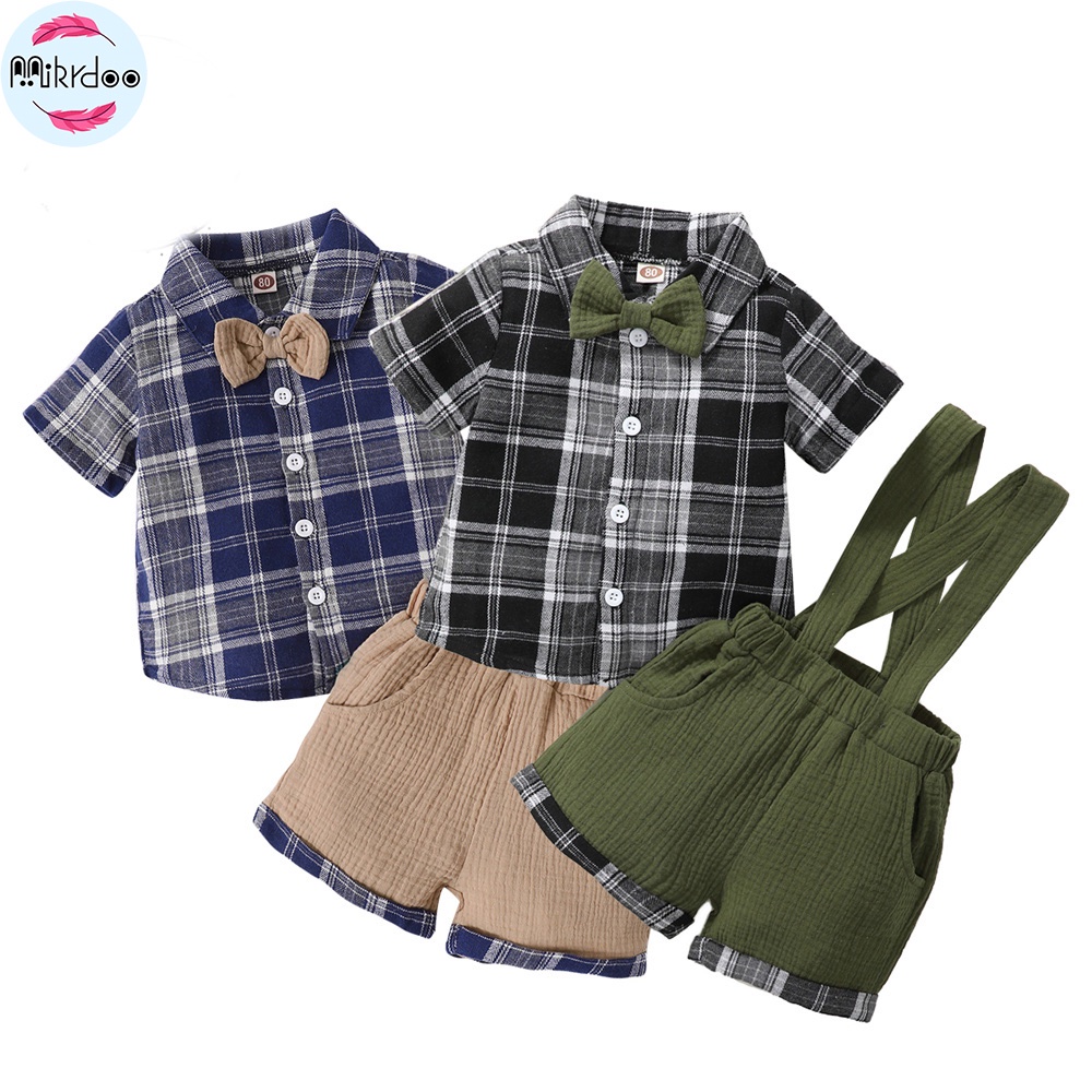 Set đồ 2 món MIKRDOO áo sơ mi tay ngắn cổ thắt nơ họa tiết ca rô và quần đùi yếm thời trang mùa hè cho bé trai sơ sinh