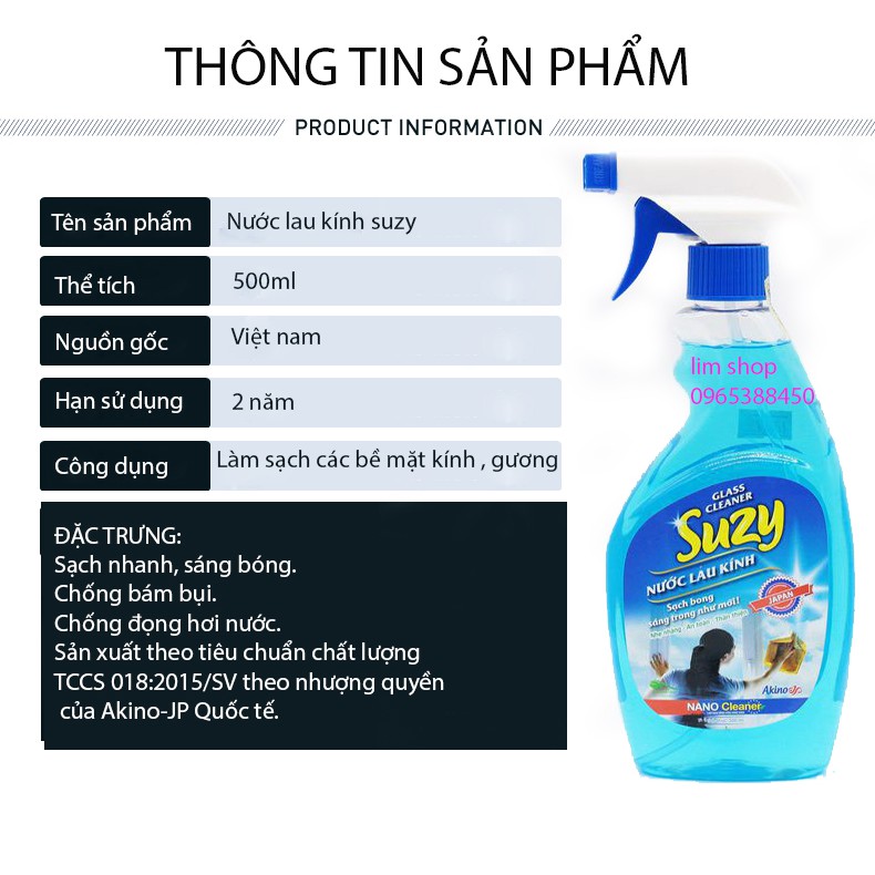 Nước Lau Kính Suzy 500mL Siêu Sạch Sáng Bóng Chống Bám Bụi Thành Phần Hữu Cơ Chất Lượng Nhật Bản_ Tạp Hóa Nhà Lim