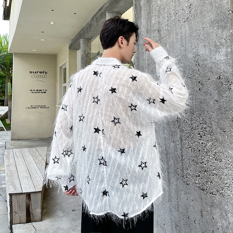 Áo Sơ Mi Xuyên Thấu Phối Tua Rua Lông Vũ Cổ Tích ins Cá Tính Cho Nam