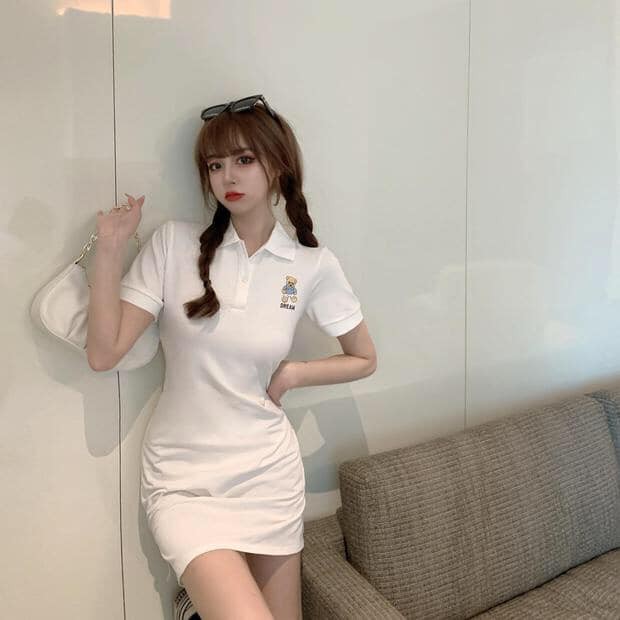 Váy polo thêu gấu freesize dáng suông - Váy polo cộc tay dáng ngắn chất thun co giãn freesize