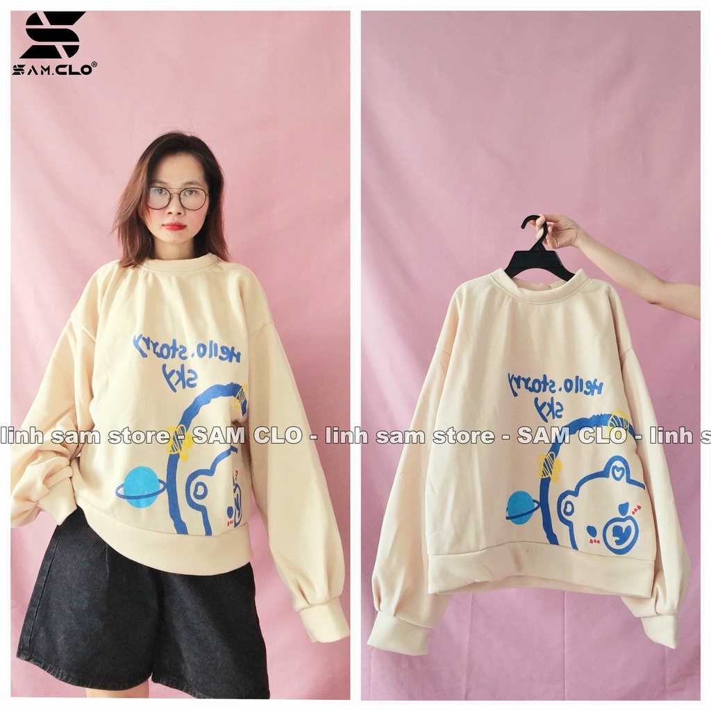 Áo sweater SAM CLO nữ nỉ tay dài ulzzang thu đông freesize dáng unisex in CHỮ NHẬT VÀ GẤU SKY
