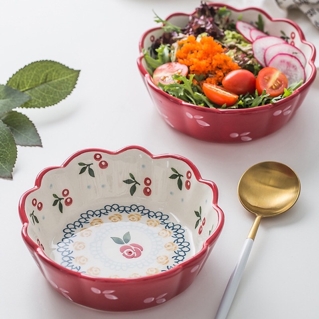 Bát sứ tròn miệng lượn hoạ tiết cherry sang chảnh phong cách Bắc Âu, bát đĩa Cherry hoa hồng hàng cao cấp