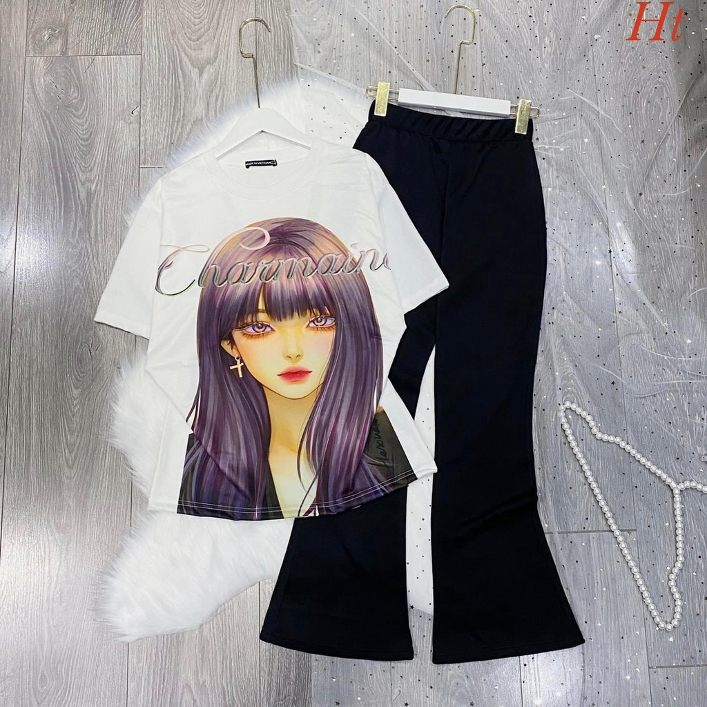 Bộ Quần Áo Cô Gái ❤ Set Quần Dài Ống Loe Áo Thun Tay Lỡ Cotton Dày Dặn HT55