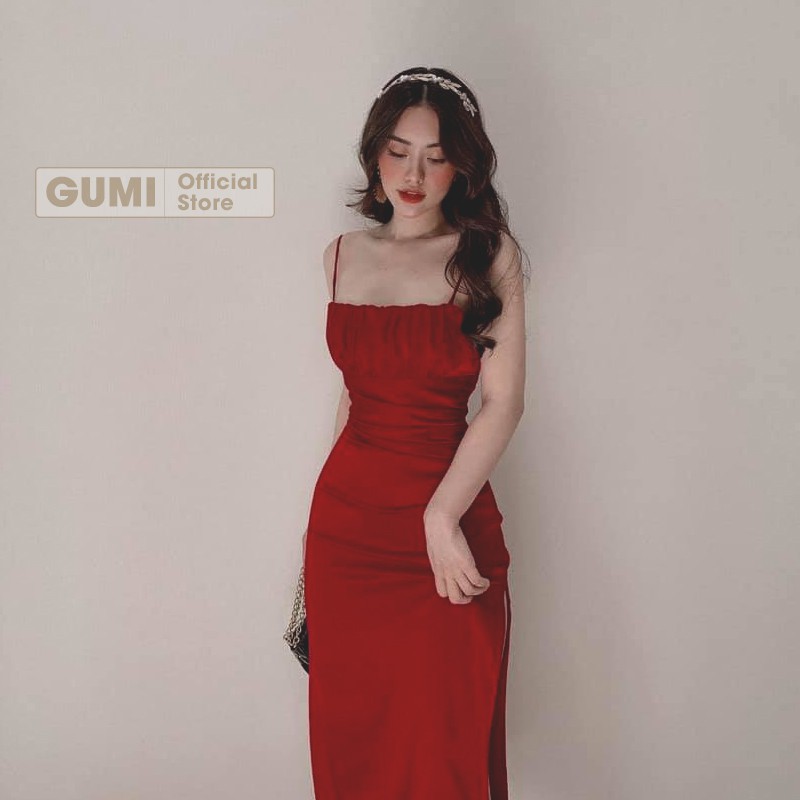 Váy dự tiệc 2 dây body dáng dài xẻ tà nhún ngực xếp ly - Đầm 2 dây body Gumi quyến rũ xinh đẹp GM2063 | BigBuy360 - bigbuy360.vn