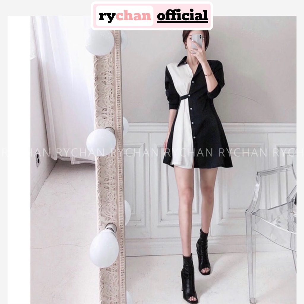 Đầm Thiết Kế Nữ Dáng Sơ Mi Phối Trắng Đen Gài Nút Cực Độc Lạ Cá Tính [ẢNH THẬT CUỐI] - DX9885