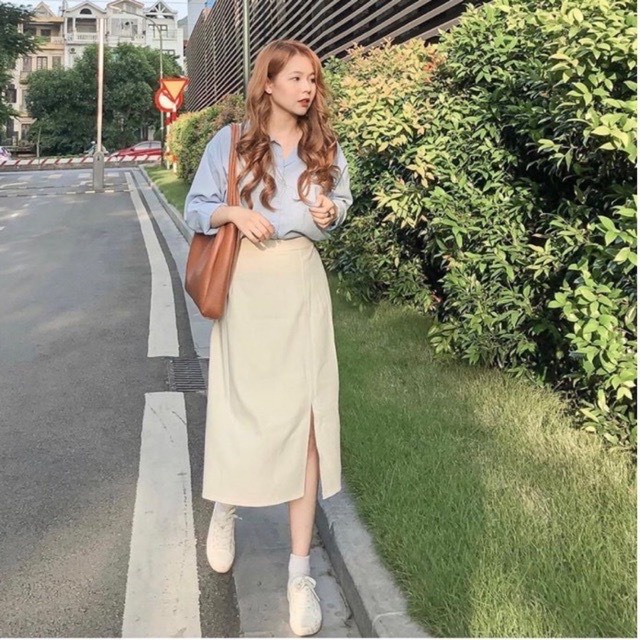 Chân váy chữ A dáng dài midi lưng cao xẻ tà kaki công sở Hàn Quốc Sollle