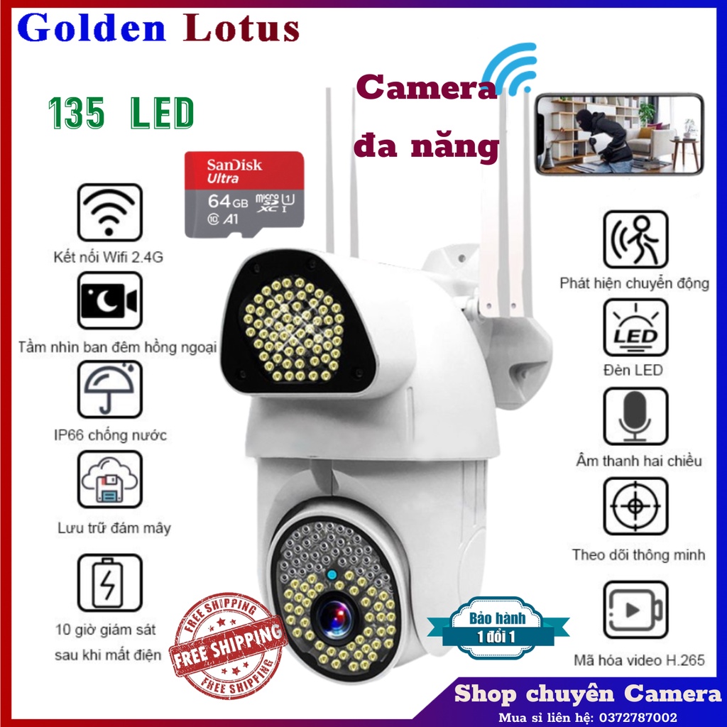 [Kèm thẻ nhớ] Camera giám sát ngoài trời V380 135LED quan sát ban đêm có màu Camera phát hiện chuyển động