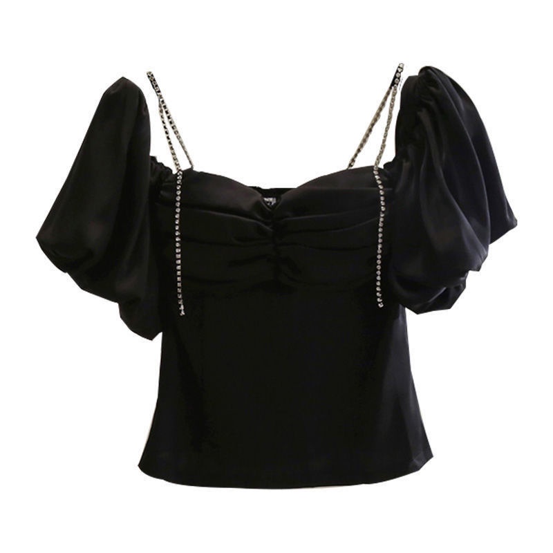 One-word collar chiffon lining careful machine leaking shoulder 100 pleated waist halter halter top 2022 Korean version thin bubble sleeve blouse