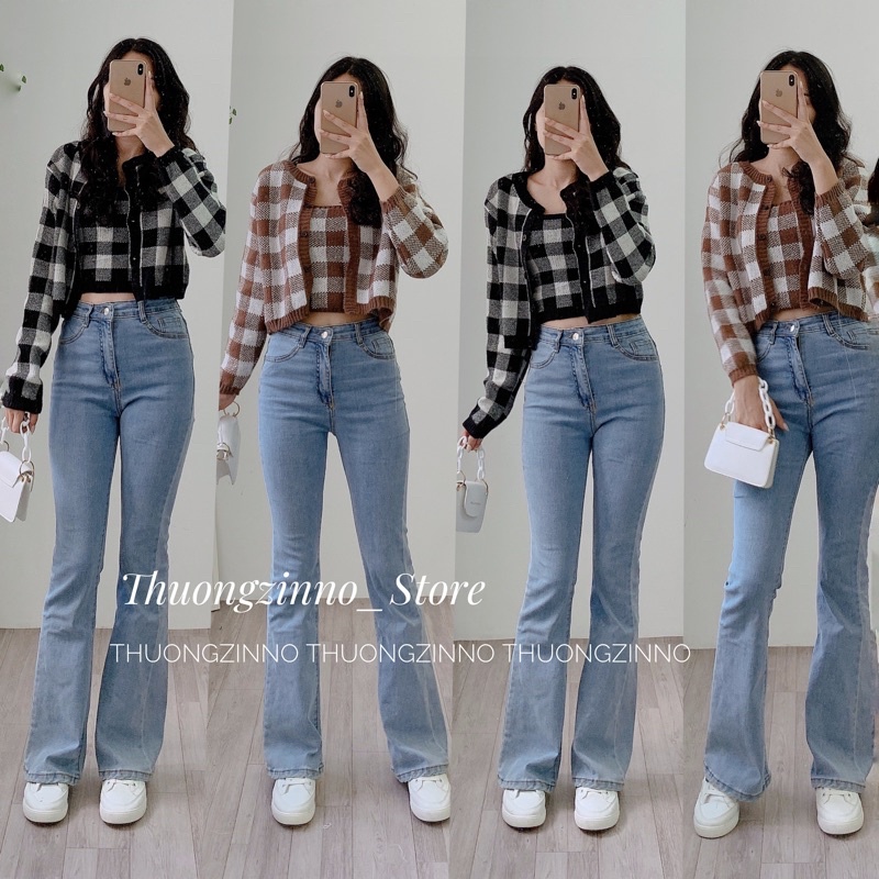 [Ảnh thật/Video]Set mongtogi kẻ caro đồ gồm áo cadigan len và áo hai dây croptop tôn dáng Set cadigan Hàn Quốc