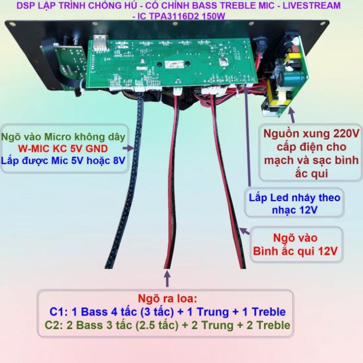 Mạch loa kéo TPA3116D2 150W LIVESTREAM - DSP lập trình chống hú loa kéo 4 – 3 tấc ĐƠN hoặc 3 – 2.5 tấc ĐÔI VR XANH