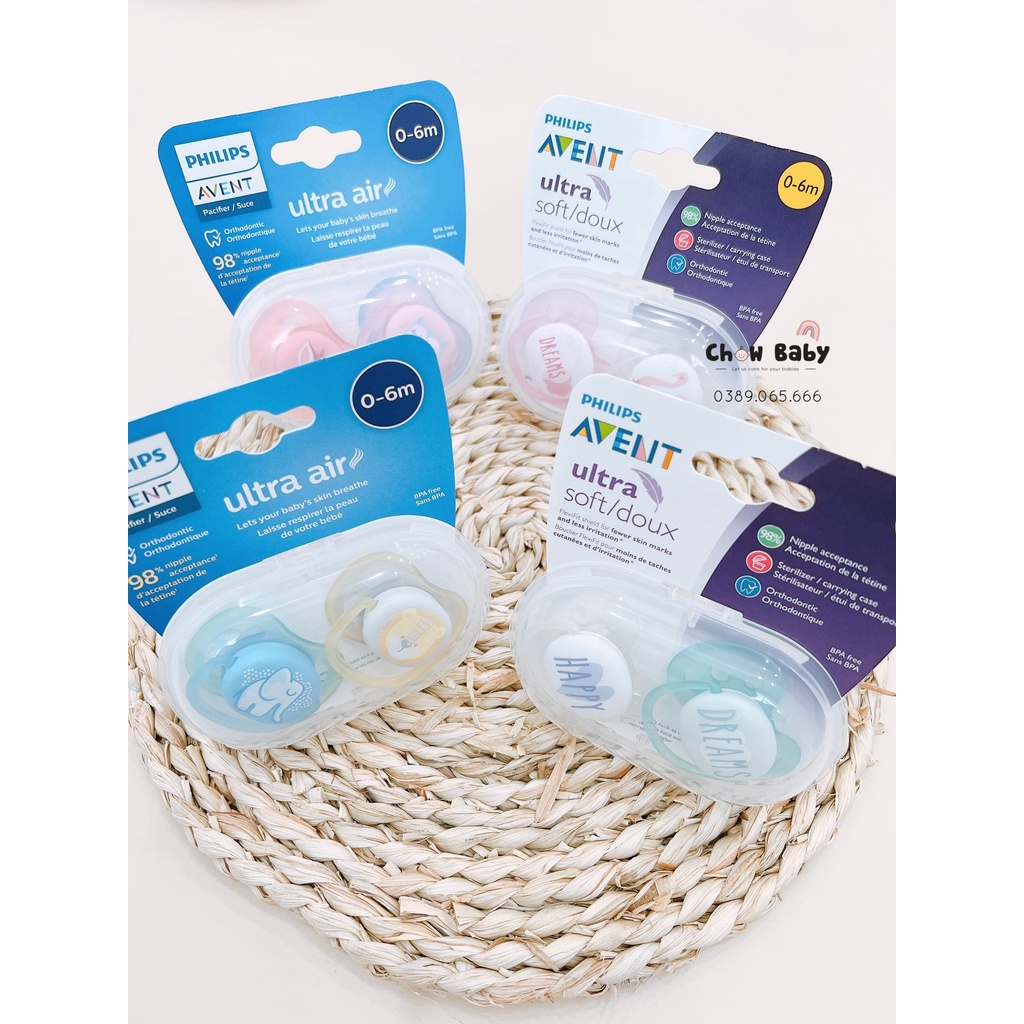 Ti giả Avent Ultra Air, Ultra Soft 0-6m chỉnh nha đầu dẹt ( Hộp 2c)
