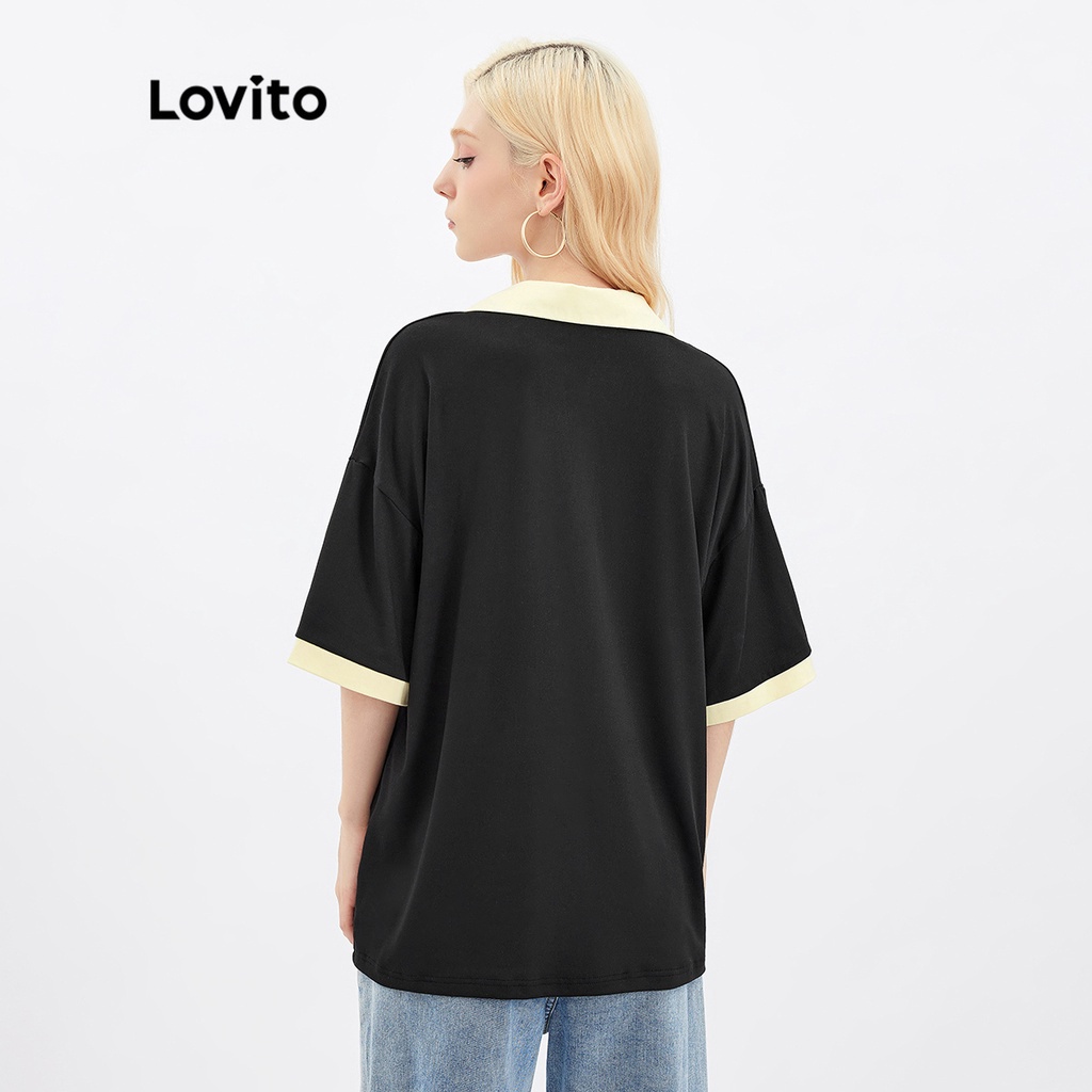 Áo thun Lovito oversize ghép nối màu sắc cổ V Polo màu trơn L30AD007 (màu đen)