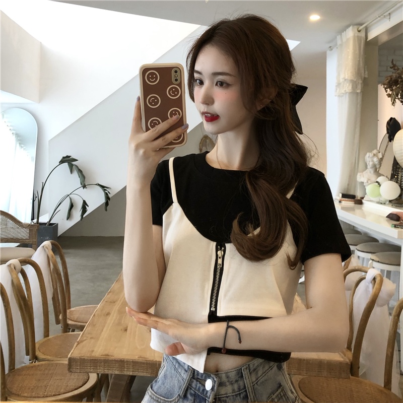 Áo Thun Tay Ngắn Phối Khóa Kéo Thời Trang Mùa Hè Hàng Mới Dành Cho Bạn Nữ